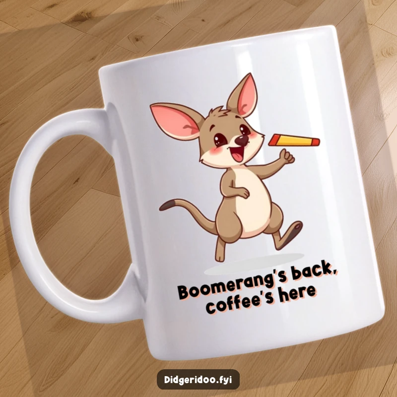 Funny mug featuring a happy wallaby mid-hop, boomerang in hand, radiating pure excitement and playful energy.