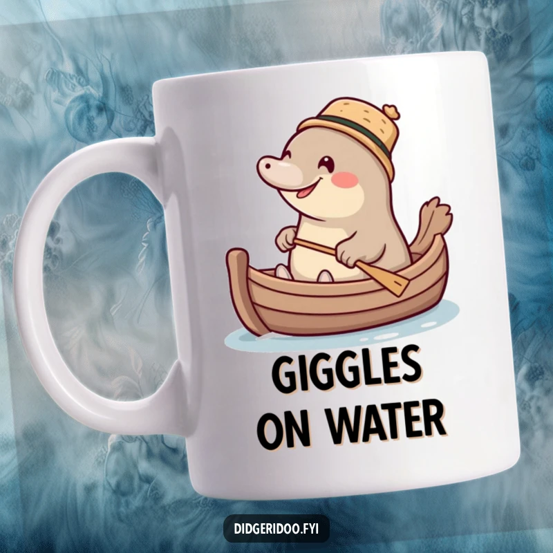 Funny giggling platypus wearing a tiny cork hat, paddling a miniature boat, a comical and adventurous mug design for animal lovers.