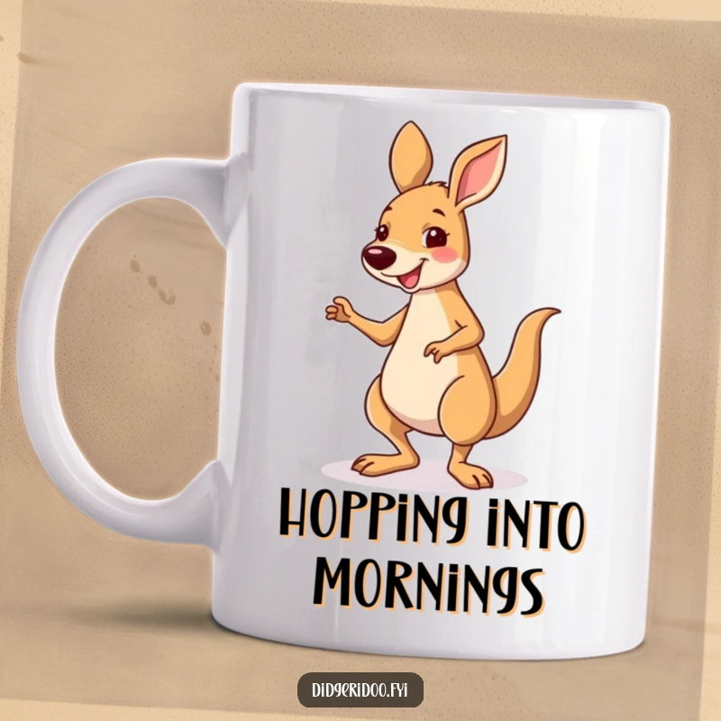 Funny smiling kangaroo character performing a silly little jig on a mug, showcasing Australian fun and humor.