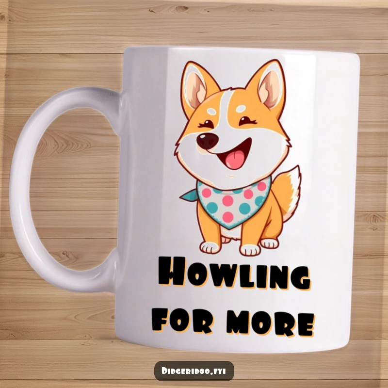 Funny dingo howling mug featuring a proud cartoon dingo wearing a bandana, a humorous and spirited gift.