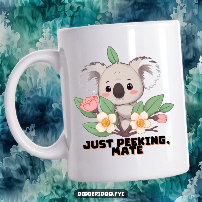 Funny Mug: A curious koala peeks from behind a stylized eucalyptus bloom, a cute and humorous wildlife encounter.