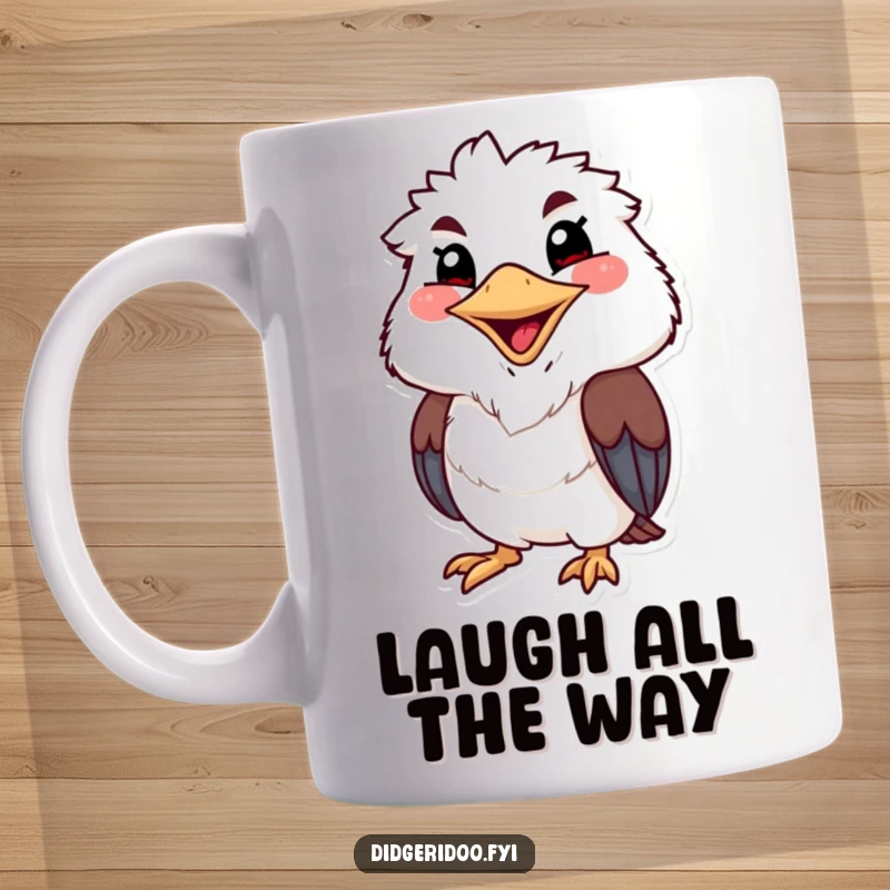 Funny kookaburra mug featuring a grinning character with a wide, cheerful beak, poised to unleash infectious laughter.