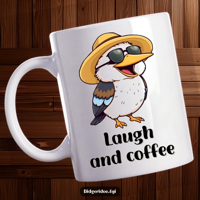 Funny Mug featuring a cheerful kookaburra wearing a sun hat, laughing heartily with a wide grin.
