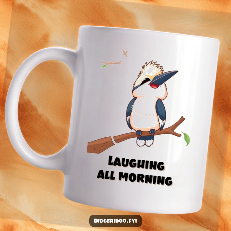 Funny Laughing Kookaburra Mug: A kookaburra perched on a branch, head tilted back in a fit of hilarious laughter.