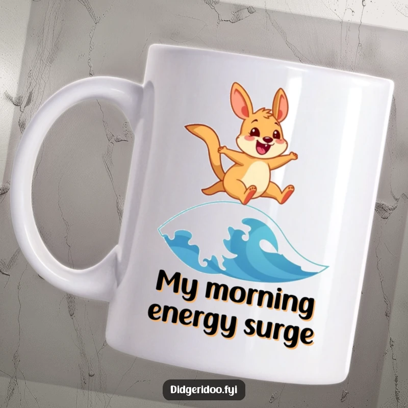 Funny mug featuring a cheerful wallaby joyfully leaping over a stylized ocean wave, embodying pure beach bum exhilaration.