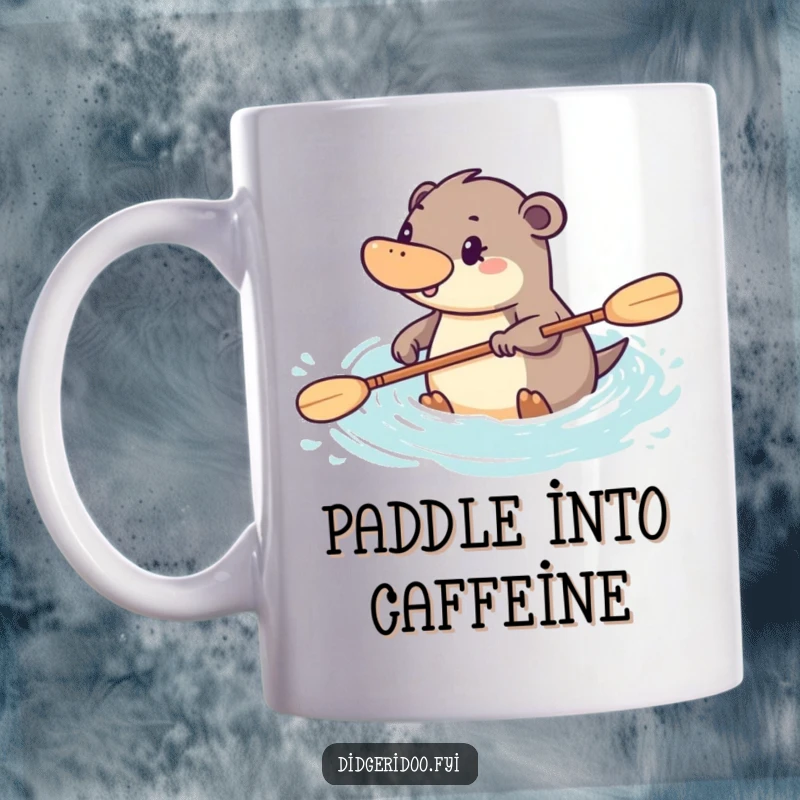 Funny platypus mug featuring a determined character paddling energetically through stylized water, showcasing focus and Aussie spirit.