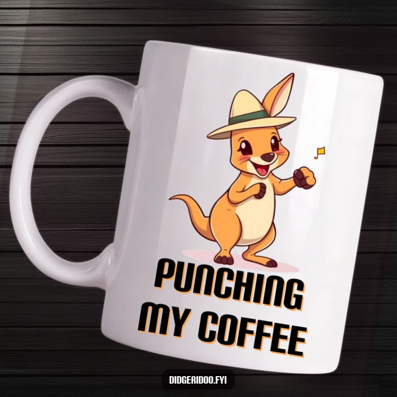 Funny mug featuring a delighted kangaroo wearing a tiny Akubra hat, playfully boxing, a spirited Australian character design.