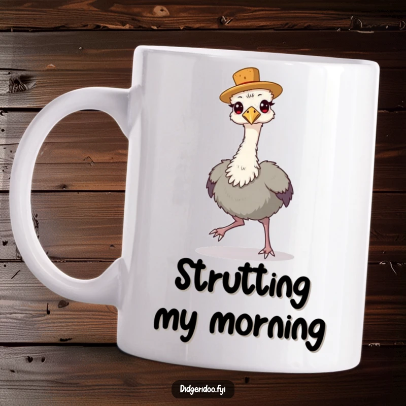 Funny Mug featuring a proud emu wearing a tiny cork hat, strutting confidently with a bold stance.
