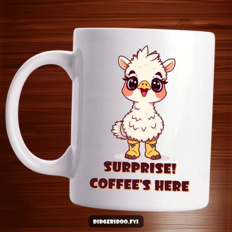 Funny emu boots mug featuring a surprised cartoon emu wearing tiny boots looking up, a humorous and whimsical gift.