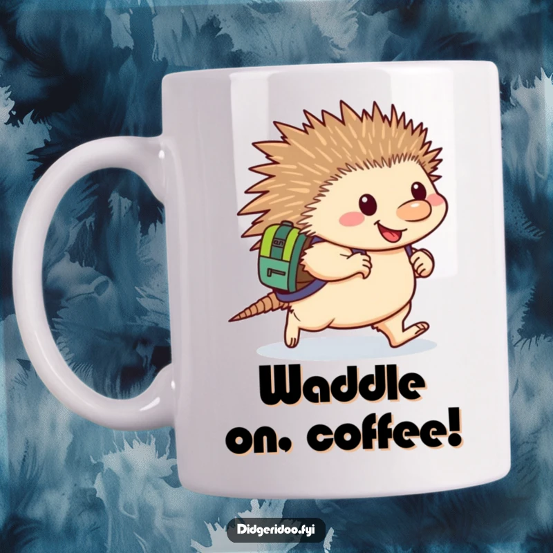 Funny Echidna Mug: A happy echidna sporting a backpack waddles purposefully forward, embodying cheerful determination and resilience.