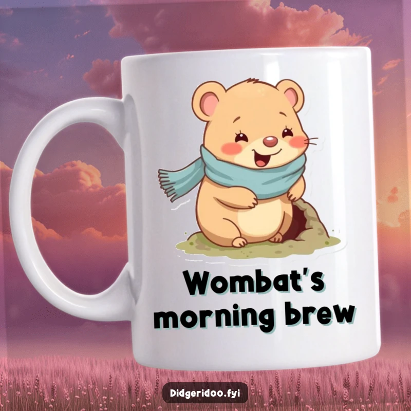 Funny wombat mug with a cozy scarf, happily digging a small hole, conveying simple, earthy joy.
