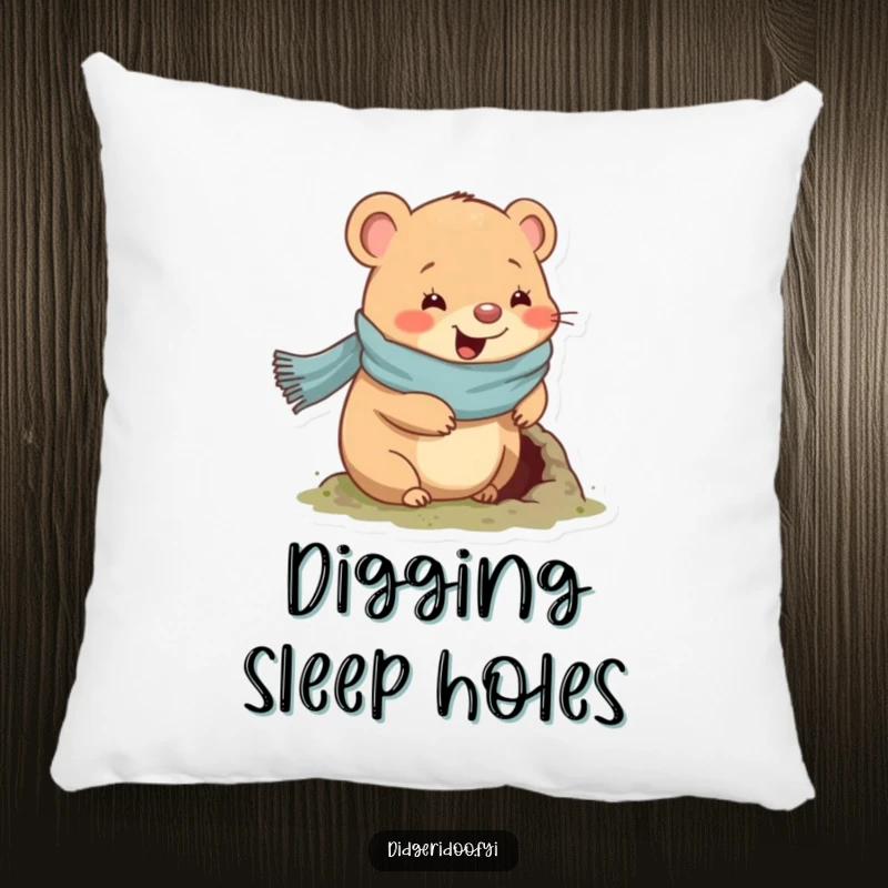 Funny wombat pillow with a scarf, showing a wombat happily digging a hole, a soft and charming accent piece.