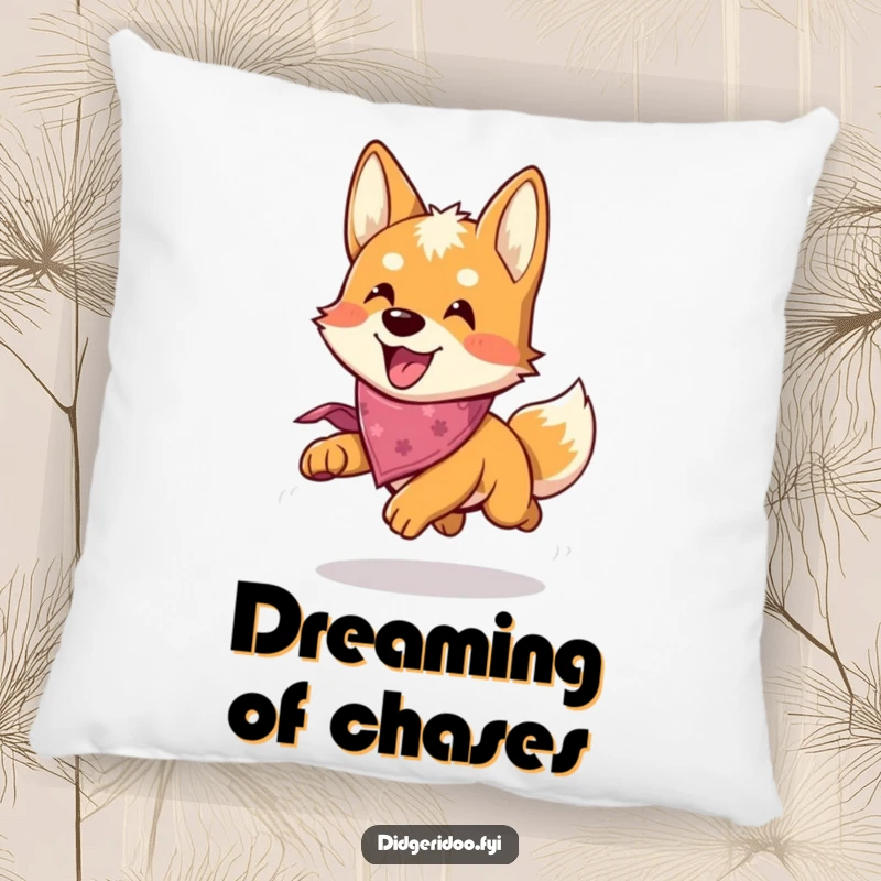 Funny Dingo Pillow: A joyful dingo wearing a bandana engages in a happy chase, offering comfort and a dose of humor.
