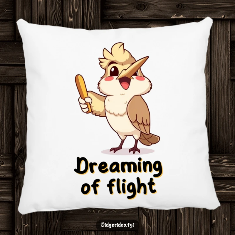 Funny, delighted kookaburra character joyfully throwing a boomerang, pictured on a soft pillow for decorative comfort and humor.