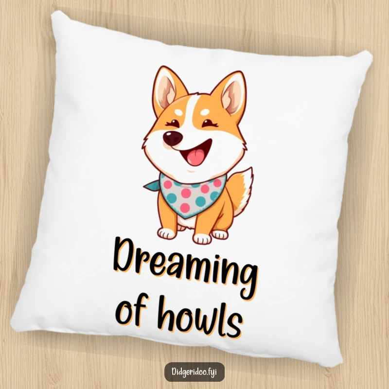 Funny dingo howling pillow with a proud cartoon dingo wearing a bandana, a soft and humorous decorative gift.