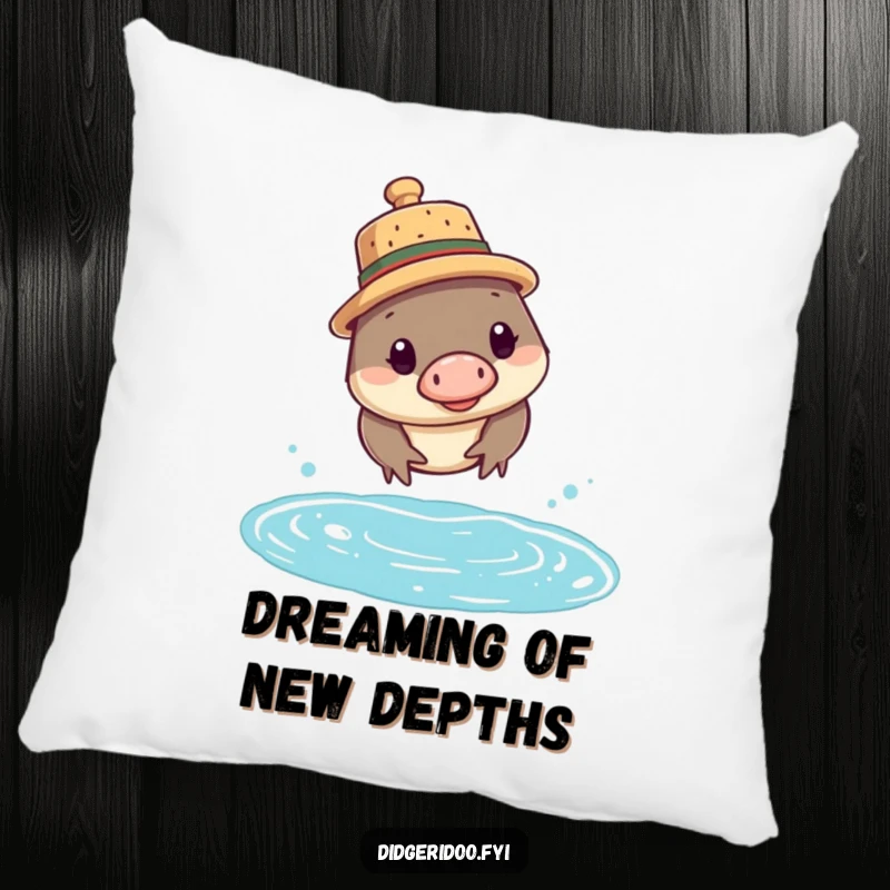 Funny platypus pillow featuring a curious platypus in a cork hat, diving into water, bringing comfort and whimsy.