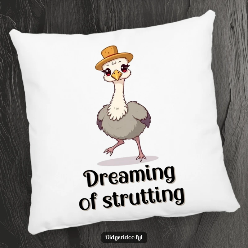 Funny Pillow showing a proud emu wearing a tiny cork hat, strutting confidently.