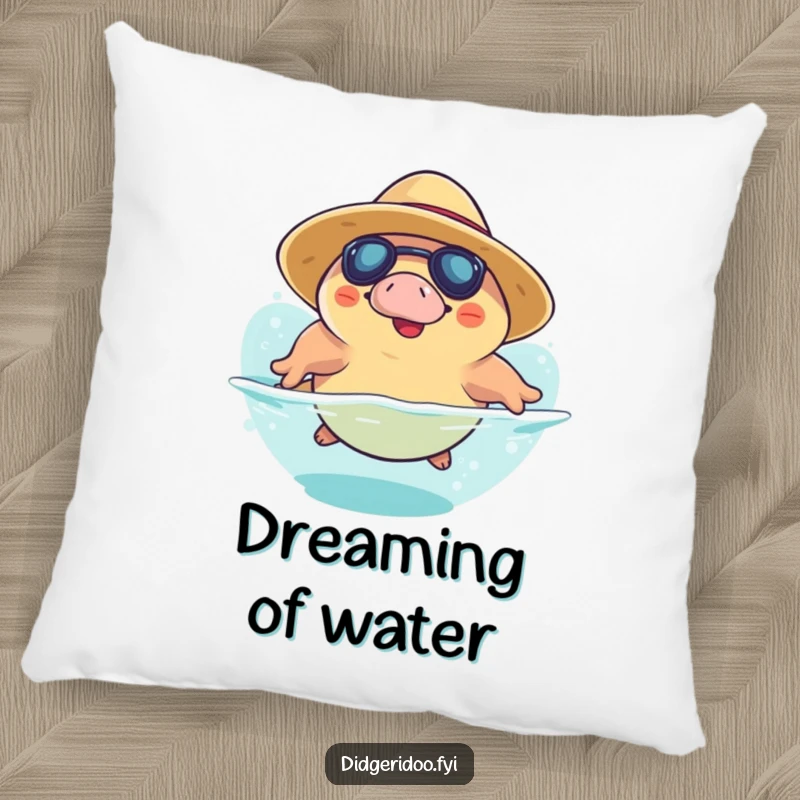 Funny Platypus Pillow: a plush cushion featuring a smiling platypus in a sun hat doing a playful dive, adding cozy humor.