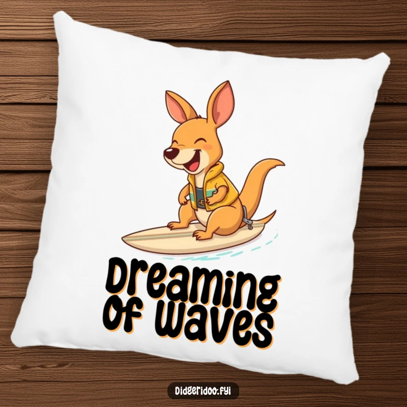 Funny laughing kangaroo wearing a surf vest riding a surfboard, a soft, humorous decorative pillow.