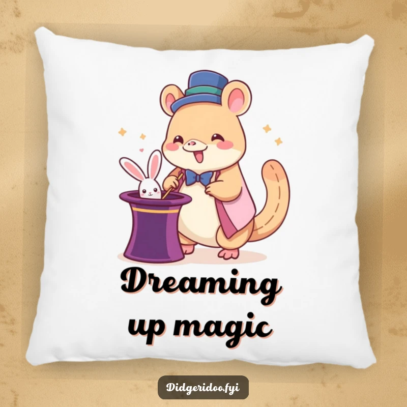 Funny platypus magician pillow with a giddy cartoon platypus pulling a rabbit from a hat, a soft and humorous decorative gift.