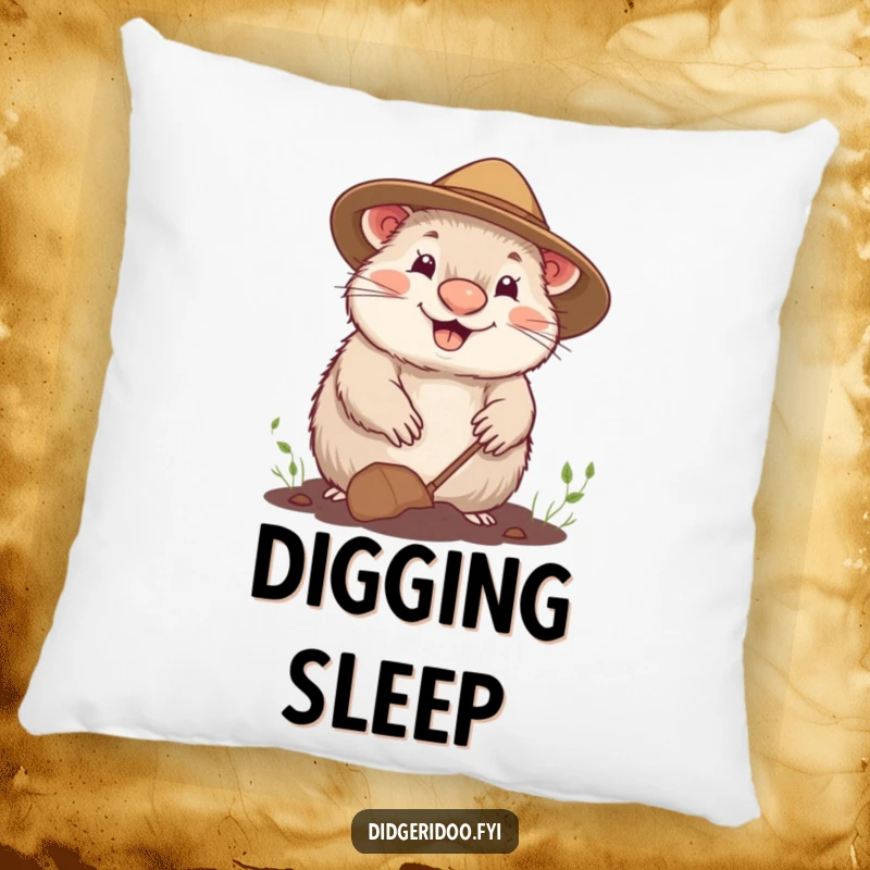 Funny pillow with a cheerful wombat in a gardening hat, happily digging, offering comfort and a touch of nature's joy.