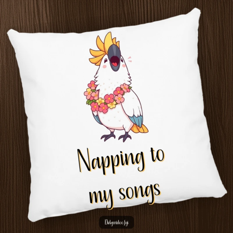 Funny Cockatoo Pillow: A proud cockatoo wearing a lei sings joyfully, offering comfort and a dose of tropical humor.