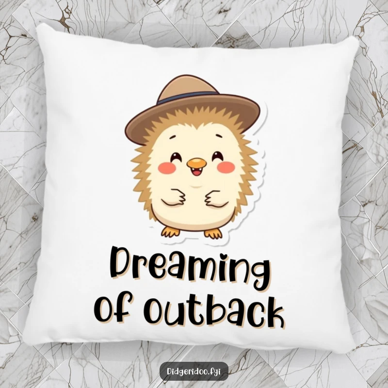 Funny, cheerful echidna character in a miniature Akubra hat, pictured on a soft pillow for decorative comfort and humor.