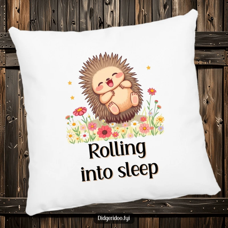 Funny Echidna Wildflower Pillow: A soft pillow featuring a playful echidna rolling joyfully in a field of colorful wildflowers.