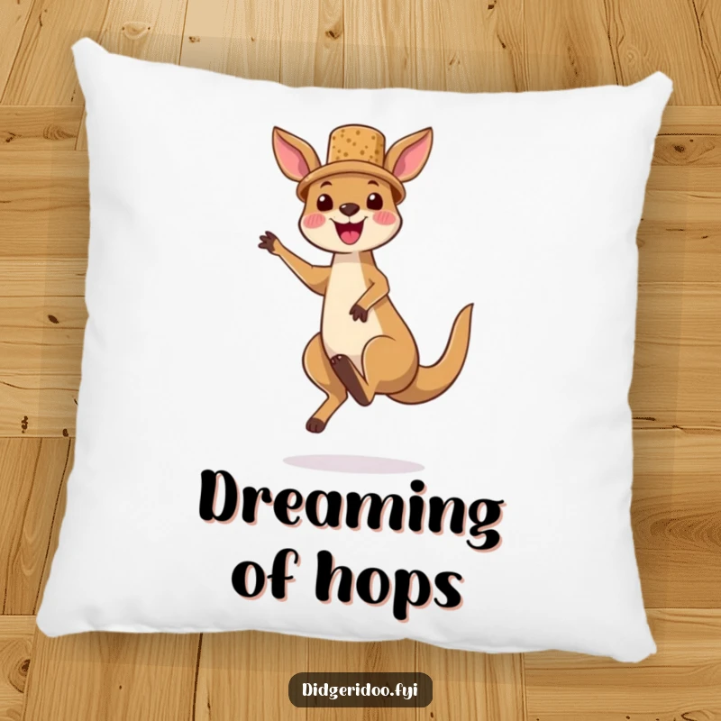 Funny kangaroo character pillow, wearing a tiny cork hat and jumping high, offering a soft touch of Aussie humor and adventurous comfort.
