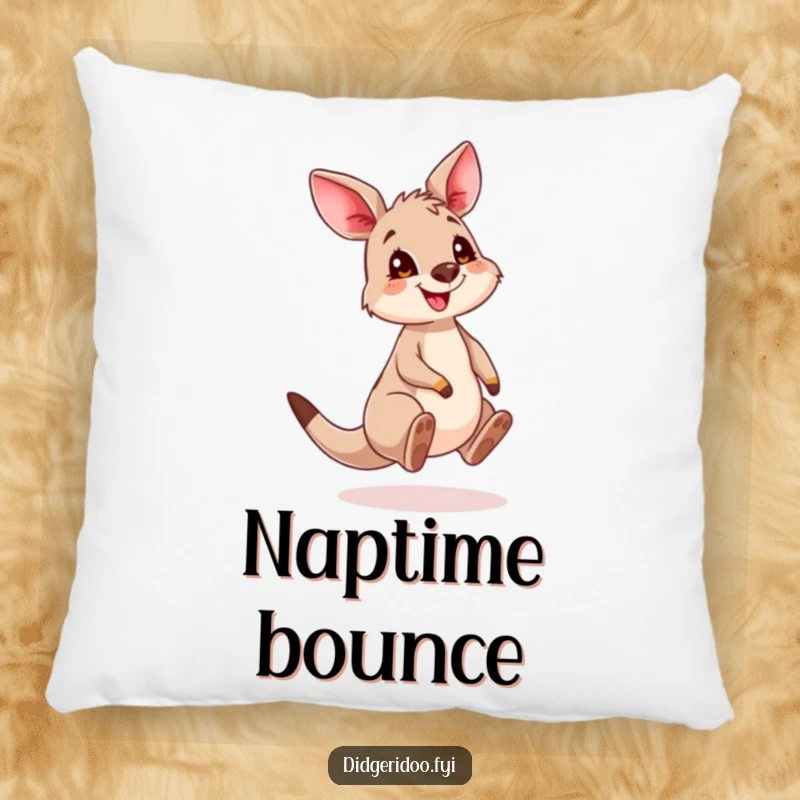Funny Kangaroo Cub Pillow featuring a joyful, grinning joey in a playful bouncing pose, offering plush comfort.