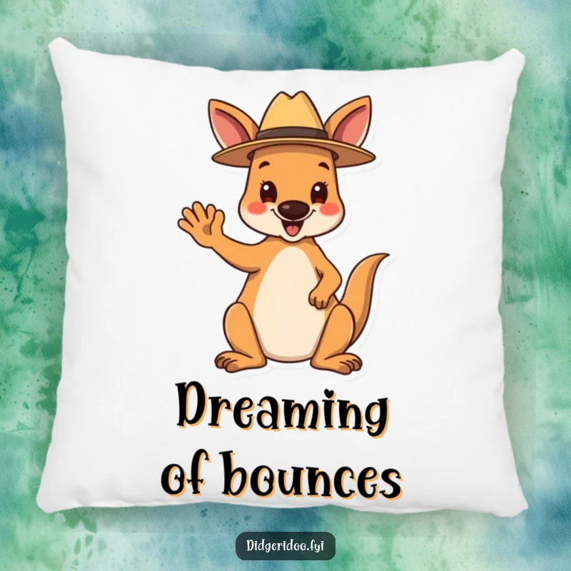 Funny Pillow: A happy kangaroo wearing a tiny Akubra hat waves hello, a soft and humorous accent for any couch.