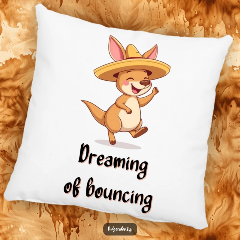 Funny Kangaroo Sombrero Pillow: A soft pillow featuring a joyous kangaroo with a sombrero, bouncing with delight.