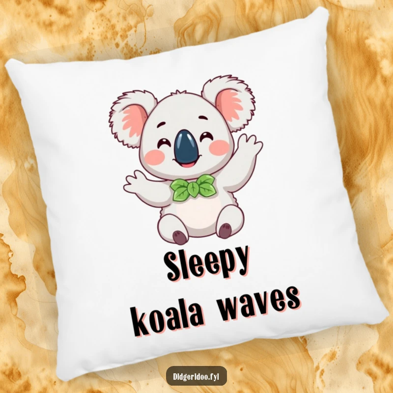 Funny happy koala wearing a eucalyptus leaf bow tie, doing a cheerful wave, a plush and humorous pillow for ultimate comfort.