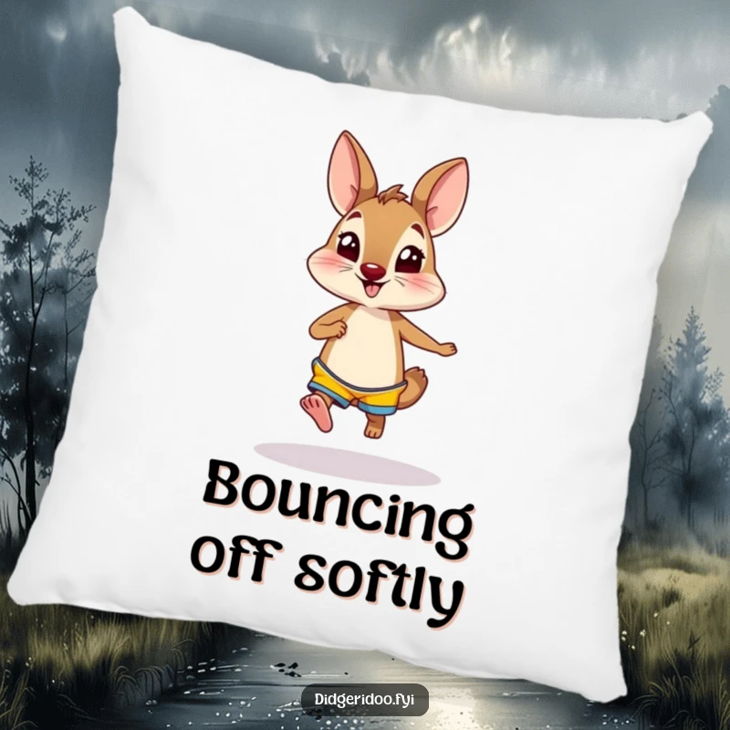 Funny wallaby in bright shorts hopping excitedly on a pillow, offering comfort and a dose of playful, humorous energy.