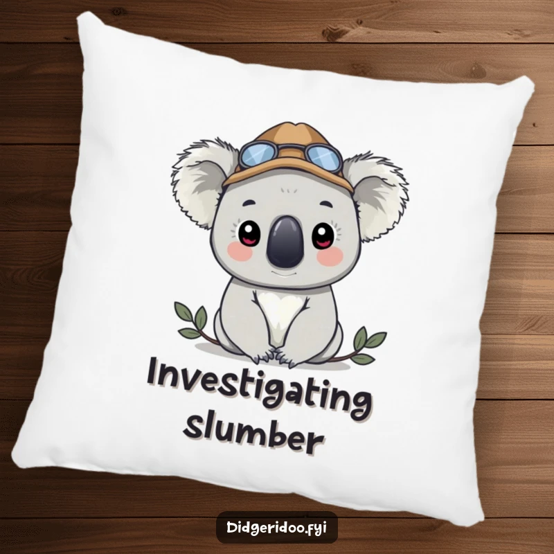 Funny koala in a detective hat, peeking curiously, depicted on a soft pillow, bringing comfort and humor to any seating area.