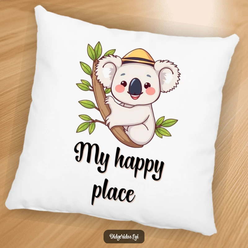Funny koala wearing a hat, hugging a eucalyptus branch on a pillow, offering comfort and a touch of silly humor.