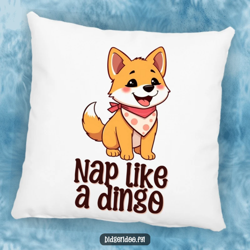 Funny and soft pillow featuring a delighted dingo wearing a bandana and wagging its tail, offering comfort and humor.