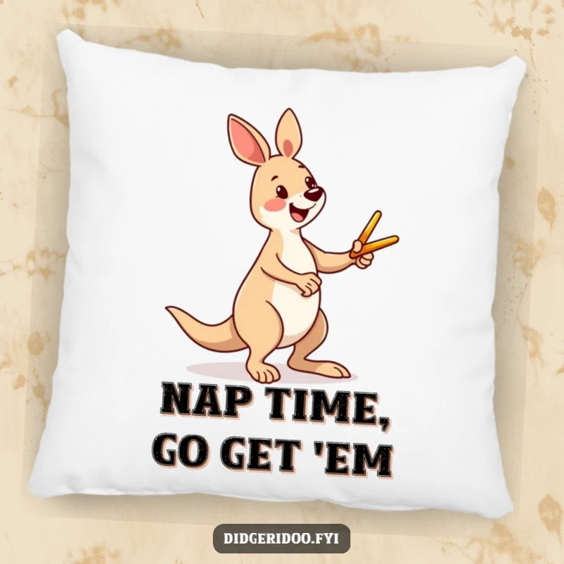 Funny kangaroo pillow showing a happy character kicking a tiny boomerang, bringing animated Aussie fun and a humorous touch to any cozy space.