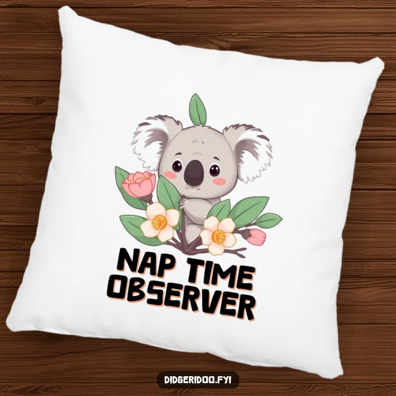 Funny Pillow: A curious koala peeks from behind a stylized eucalyptus bloom, a soft and humorous accent for any couch.