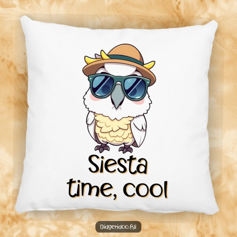 Funny cheerful cockatoo wearing sunglasses and an Akubra hat, on a plush pillow, bringing cool humor to relaxation.