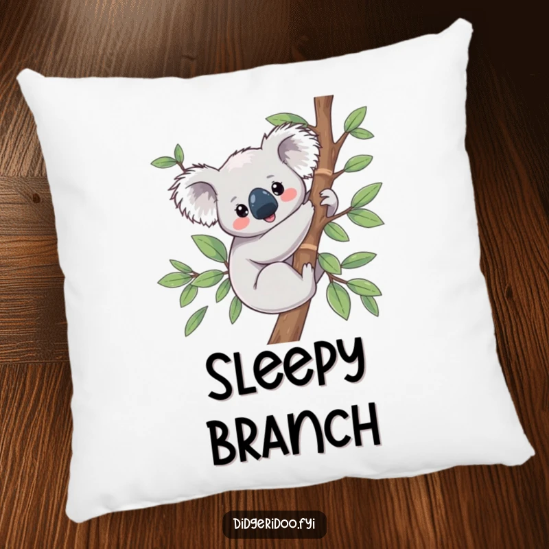 Funny Koala Pillow featuring a content koala embracing a eucalyptus branch, offering plush comfort and charm.