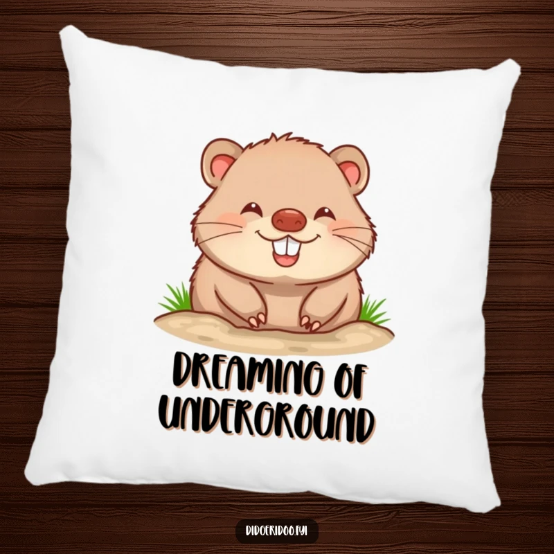 Funny wombat pillow featuring a cheerful, round wombat with a big, happy grin, depicted while happily burrowing for maximum cuddliness.
