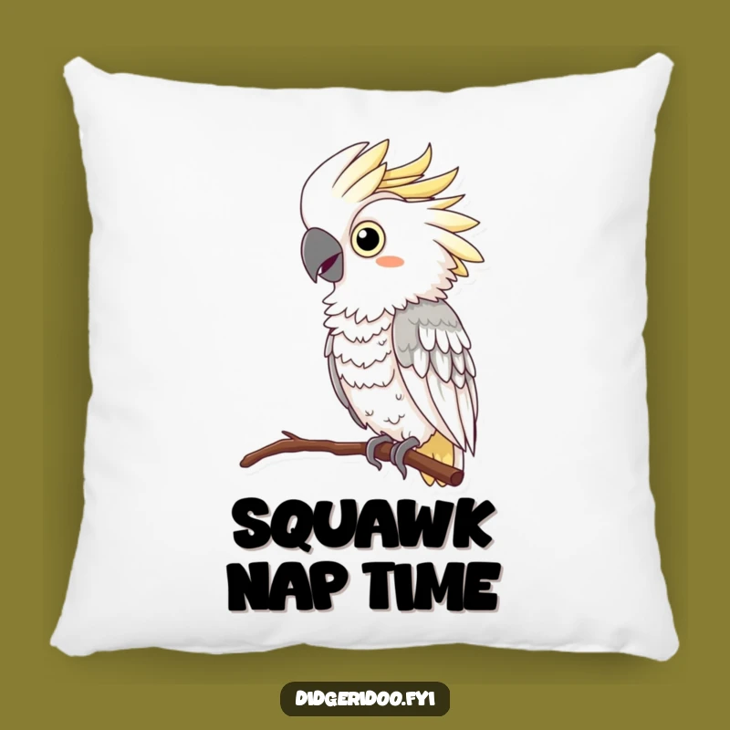 Funny Cockatoo Squawking Pillow: Plush pillow with a curious cockatoo feather boa squawking, a soft funny gift.