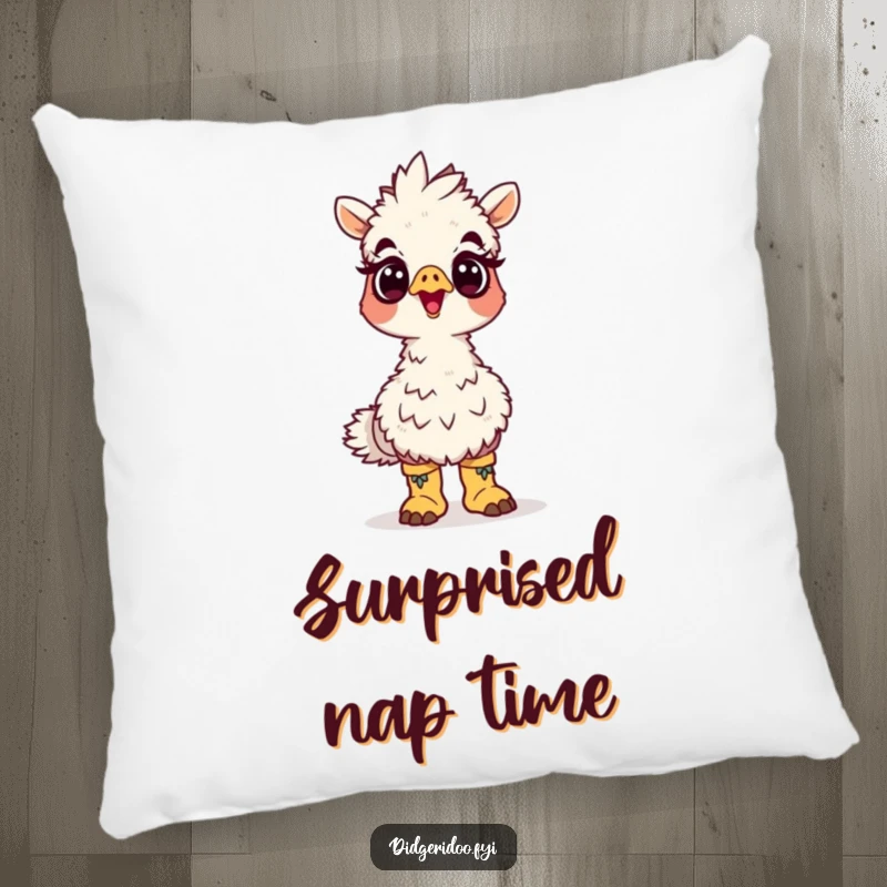 Funny emu boots pillow with a surprised cartoon emu wearing tiny boots looking up, a soft and humorous decorative gift.