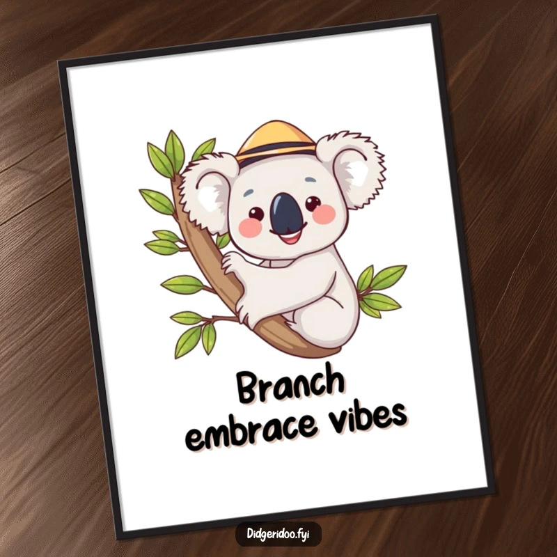 Funny koala in a hat, hugging a eucalyptus branch, a digital art print radiating happiness, perfect for instant humorous wall decor.