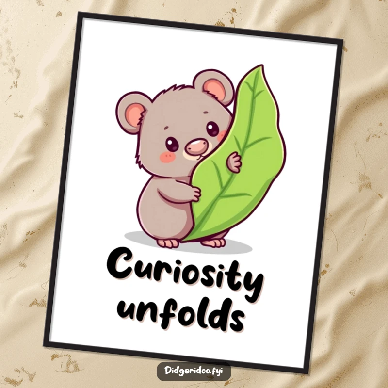 Funny wombat digital art print of a curious character peeking from behind a bouncy gum leaf, capturing cute Aussie charm digitally.