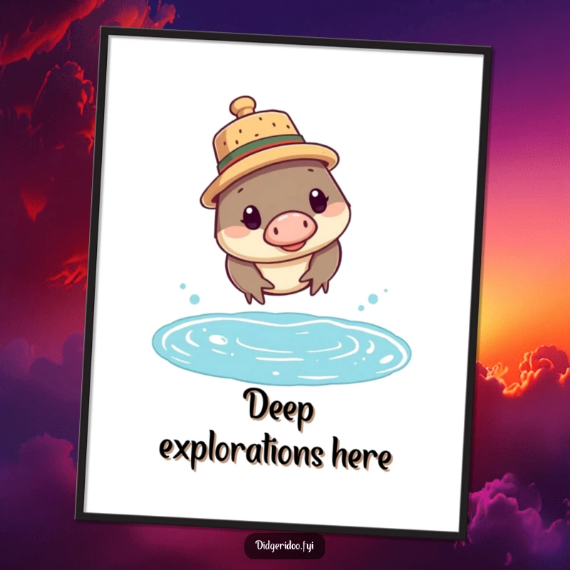 Funny platypus digital art print of a curious platypus wearing a cork hat, captured mid-dive, full of charm.