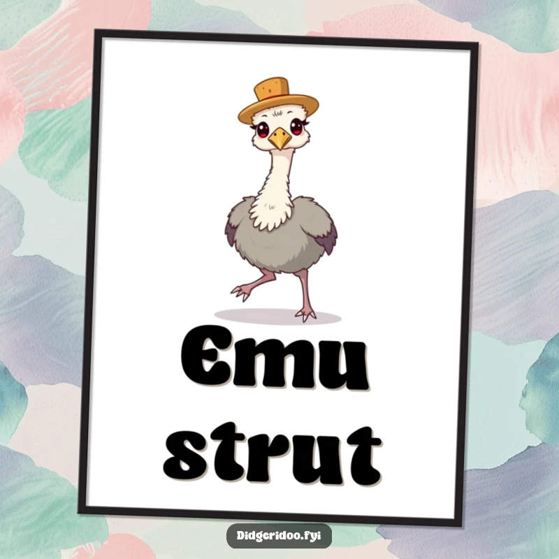 Funny Digital Art Print of a proud emu wearing a tiny cork hat, strutting confidently.