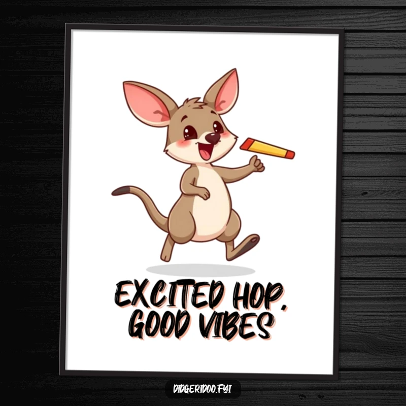 Funny digital art print of a wallaby joyfully hopping, boomerang in hand, radiating excitement and playful energy.