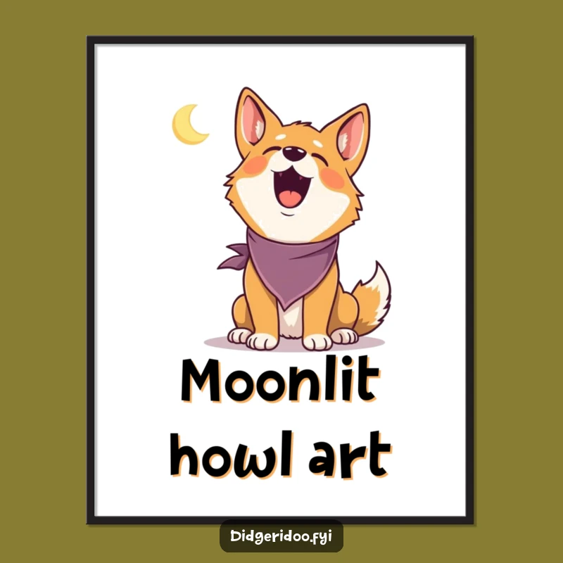 Funny Dingo Howling Digital Art: Printable art of a delighted dingo bandana howling at moon, instant funny gift.